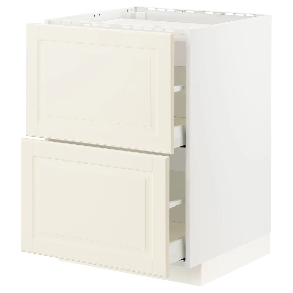 Off-white kitchen cabinet with two open drawers, traditional design, smooth surfaces.