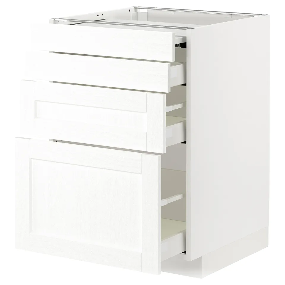 White METOD kitchen cabinet with three open drawers showing compartments.