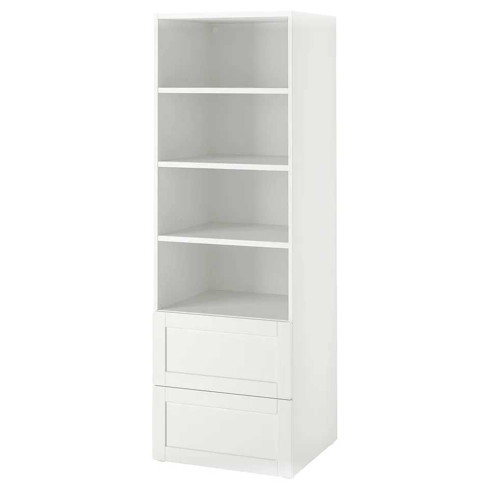 A white SMÅSTAD bookcase with open shelves and drawers, designed for space-saving storage.