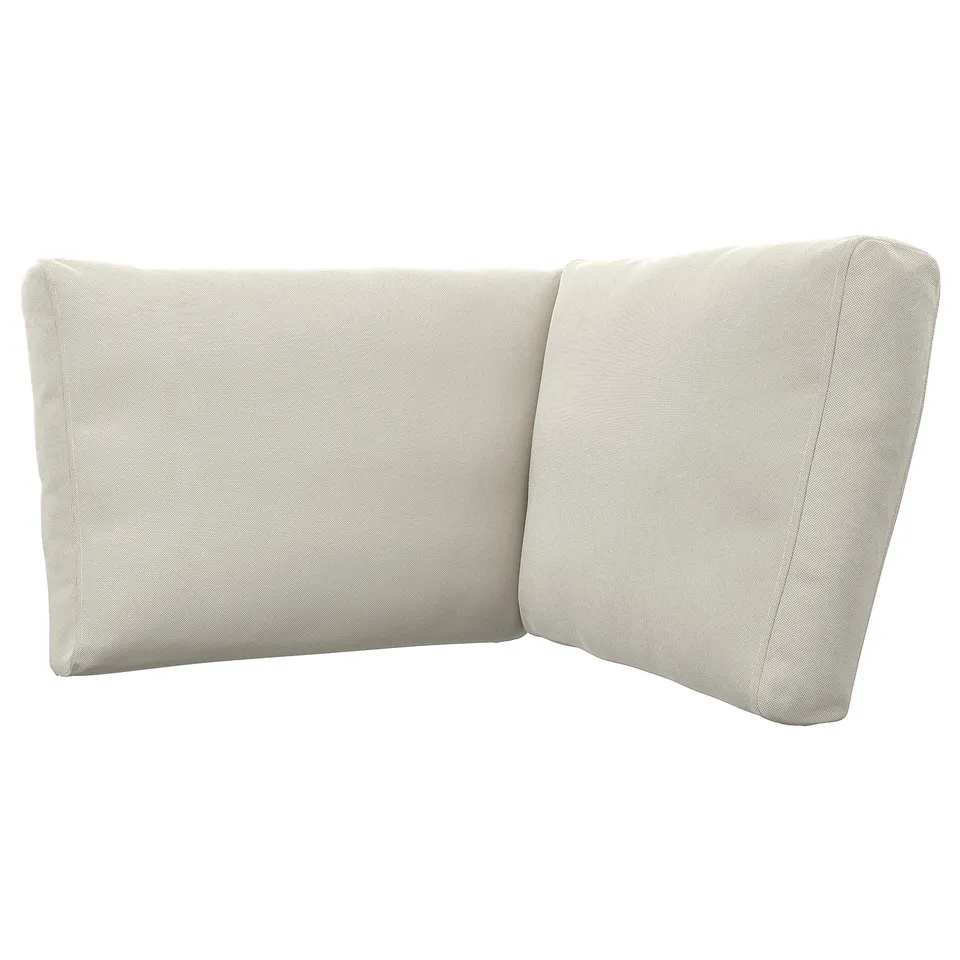 Cream-colored, l-shaped sofa cushion, smooth texture, polyester cover.