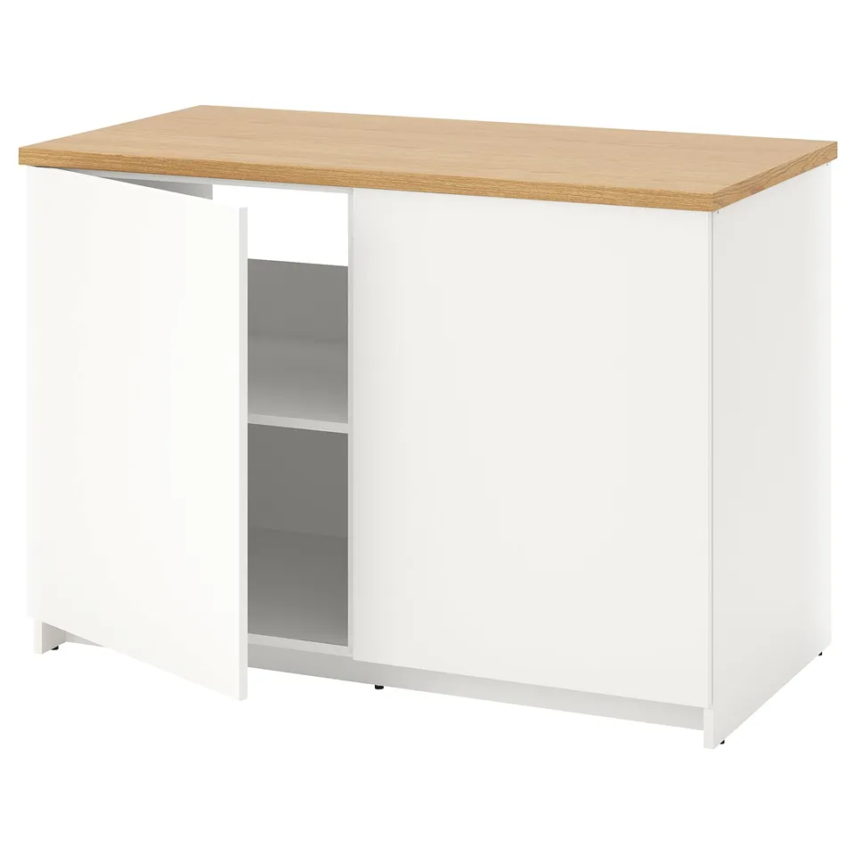 KNOXHULT white kitchen island, rectangular, wood top, metal frame, simple design.