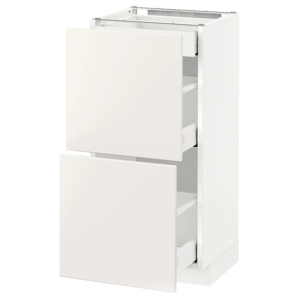 White kitchen cabinet, modern design, 2 drawers, smooth finish, minimalist style.