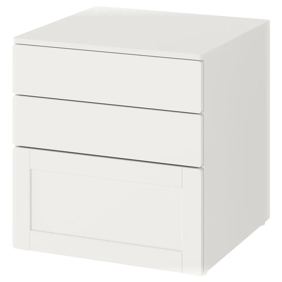 White, square, three-drawer chest. Modern, minimalist design by ikea for kids.
