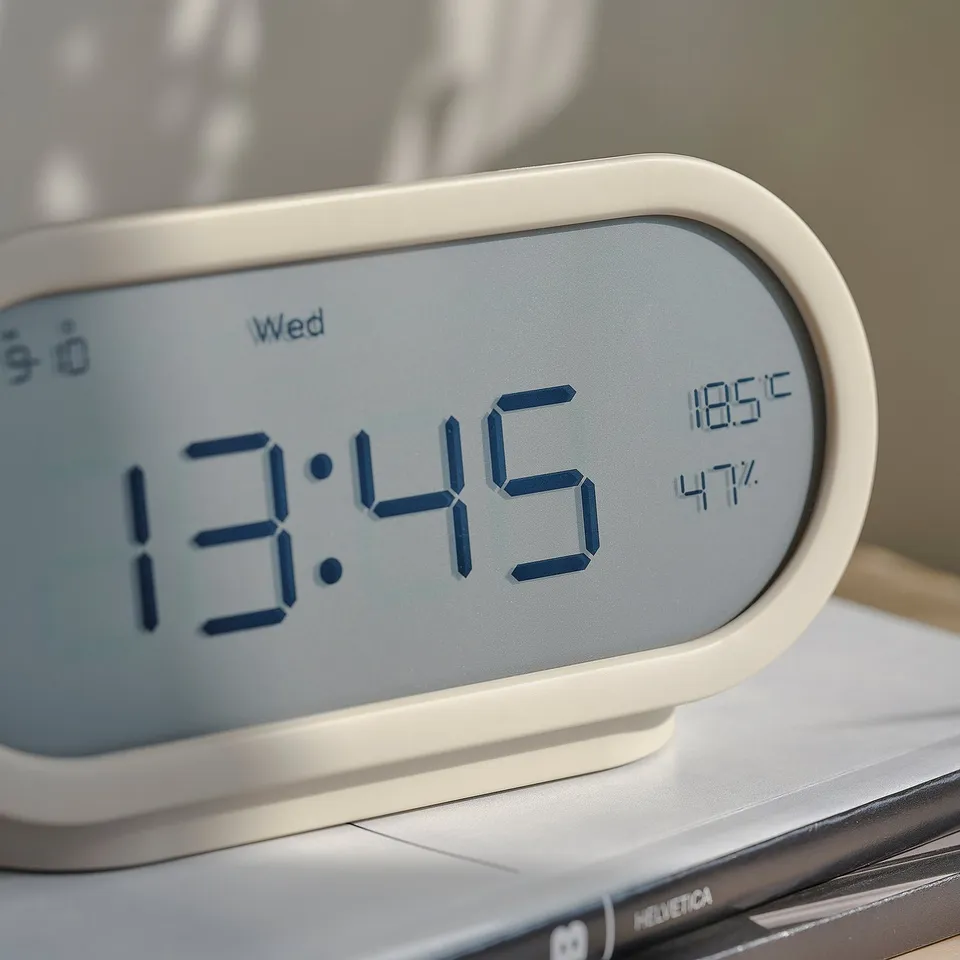 Digital clock displaying time 13:45 in large, clear digits with temperature 18. 5°c and humidity 47% on a lit screen.