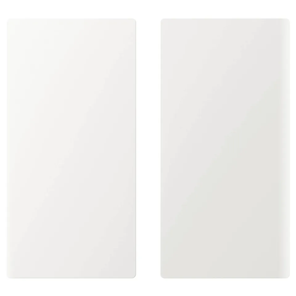 Two plain white rectangular storage doors. Modern, clean design, fiberboard material.