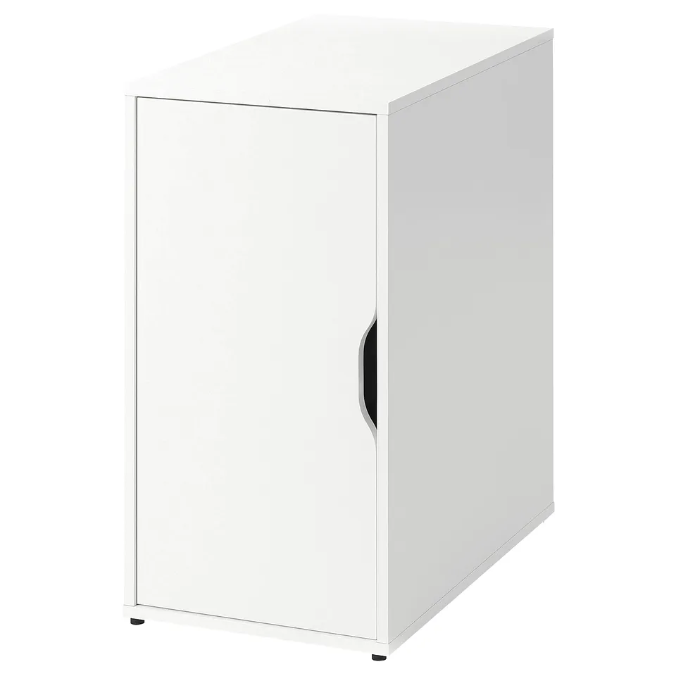 White ALEX cabinet, square with single door, minimalist design, acrylic painted particleboard.