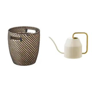 RÅGKORN/VATTENKRASSE set: plant pot + watering can, in/outdoor dark grey/beige + ivory/gold-colour
