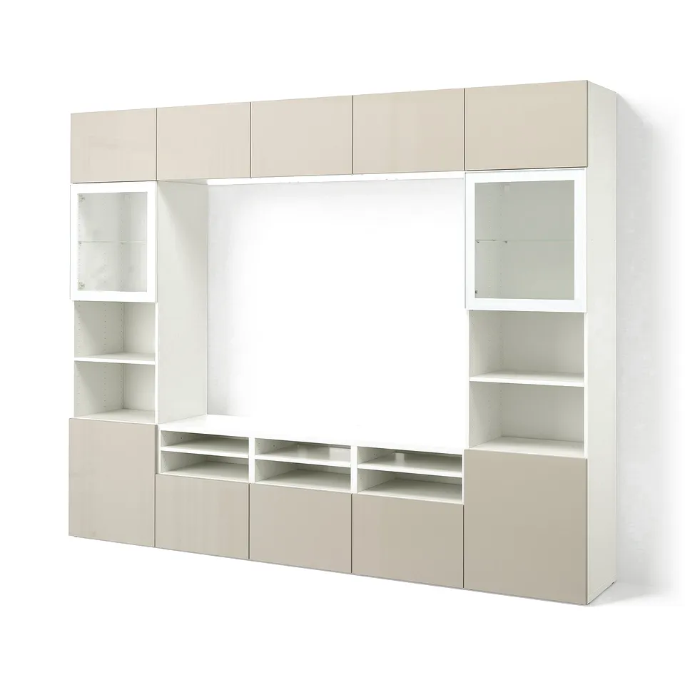 BESTÅ TV storage combination/glass doors, white/Selsviken high-gloss/beige clear glass, 300x42x231 cm