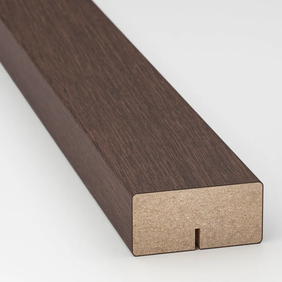 Dark wooden panel with sleek, polished edge, set against white background.