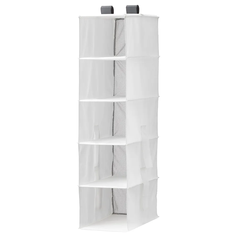 A white RASSLA hanging storage unit with five compartments, designed for easy organisation and made of recycled polyester.