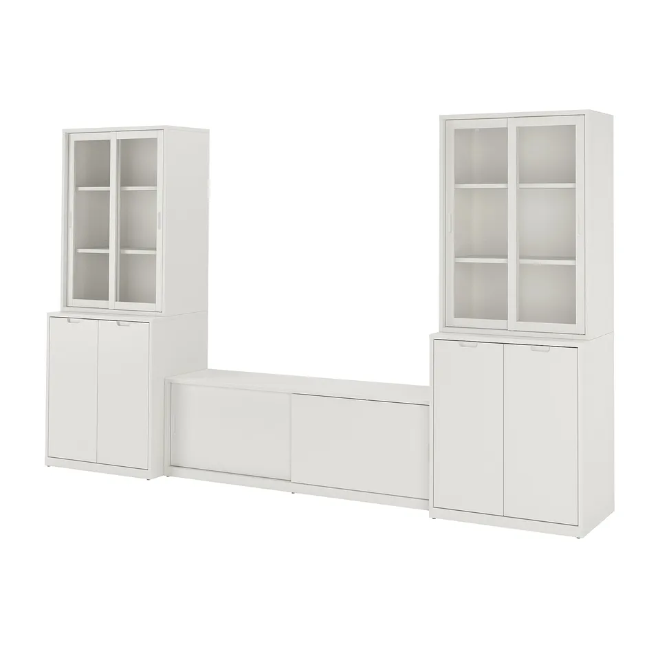 White TONSTAD tv bench & two cabinets, modern with glass & solid doors, minimalist design.