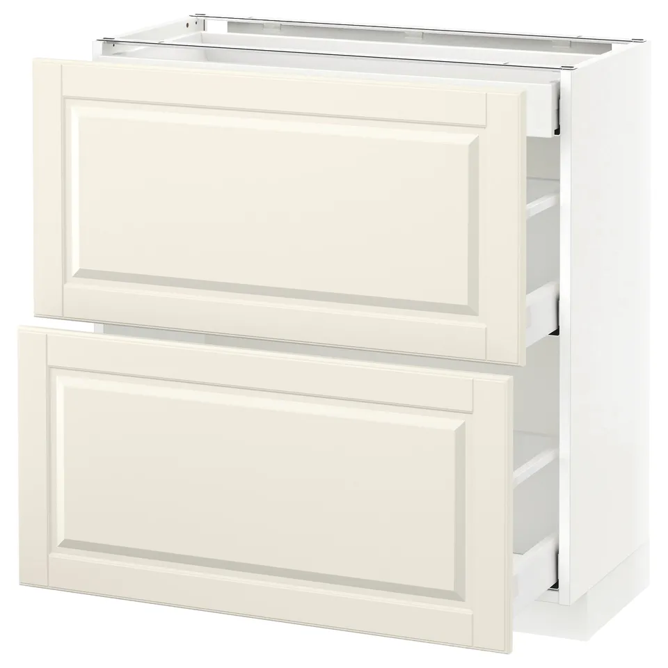 Off-white kitchen cabinet, traditional design with bevelled edges, two drawers, smooth finish.