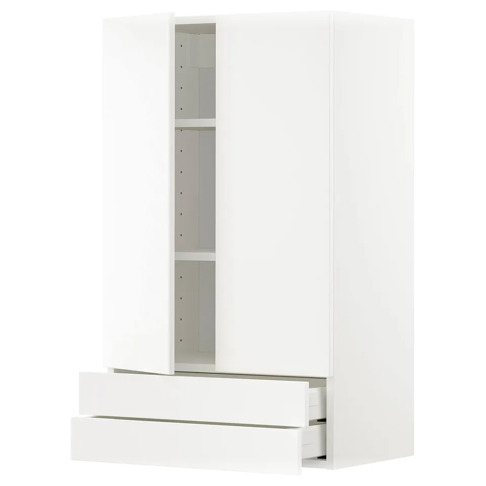 Ikea METOD white kitchen cabinet with drawers and shelves.
