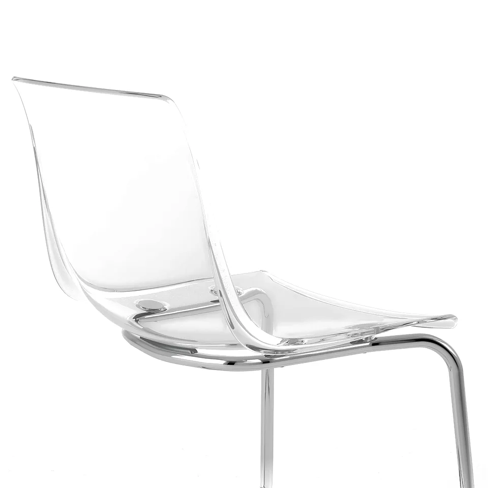 Modern, clear chair with curved design and chrome legs, showcasing sleek and high-quality materials.