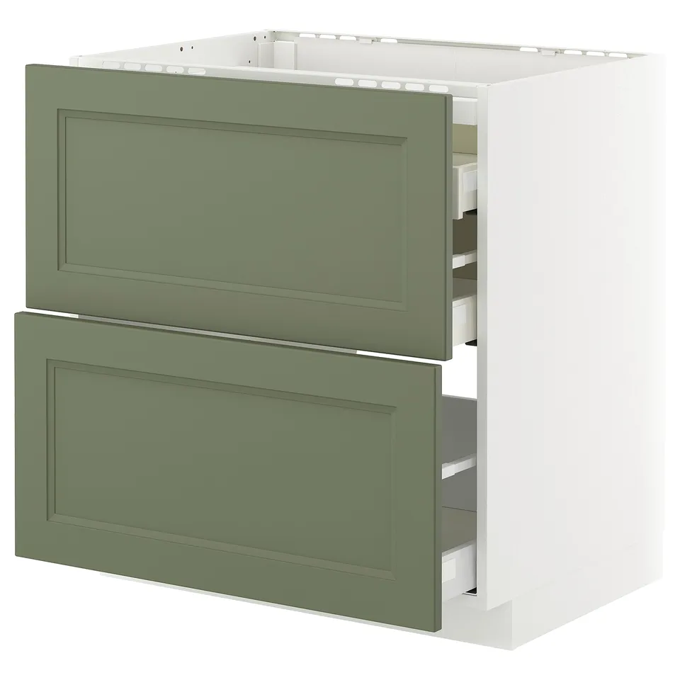 Ikea METOD kitchen cabinet in green-white with open drawers, modern design.