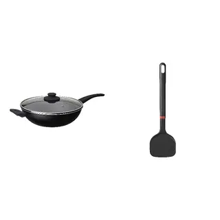 BESINNING/HEMLAGAD set: wok with lid + wok spatula, non-stick coating black + silicone, Height 8 cm