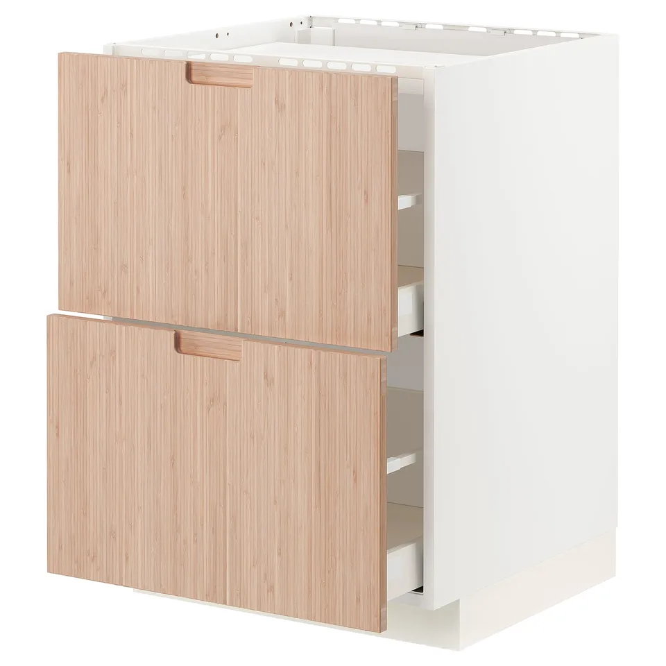 Modern white METOD kitchen cabinet with natural bamboo drawers, horizontal grain, two pull-out drawers, and sleek handles.