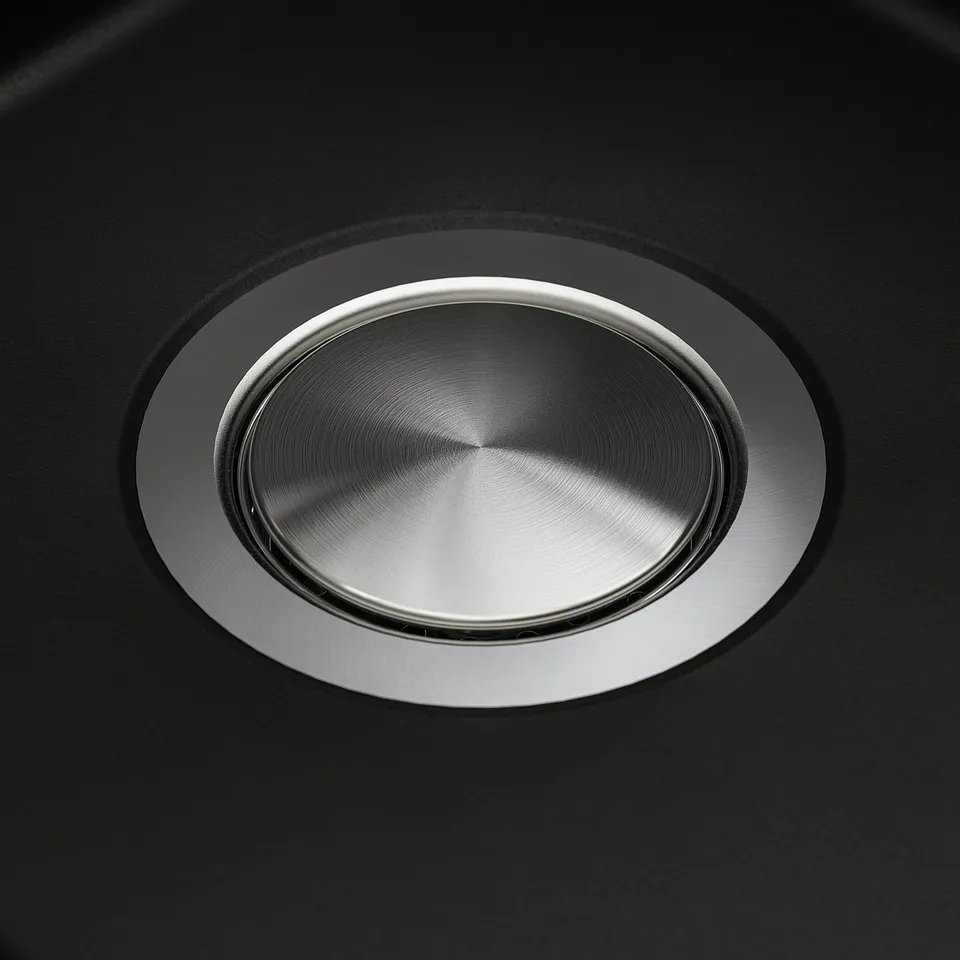 Round stainless steel sink drain cover, neatly integrated into a black sink. Shiny, textured surface suggests high-quality material and finish.