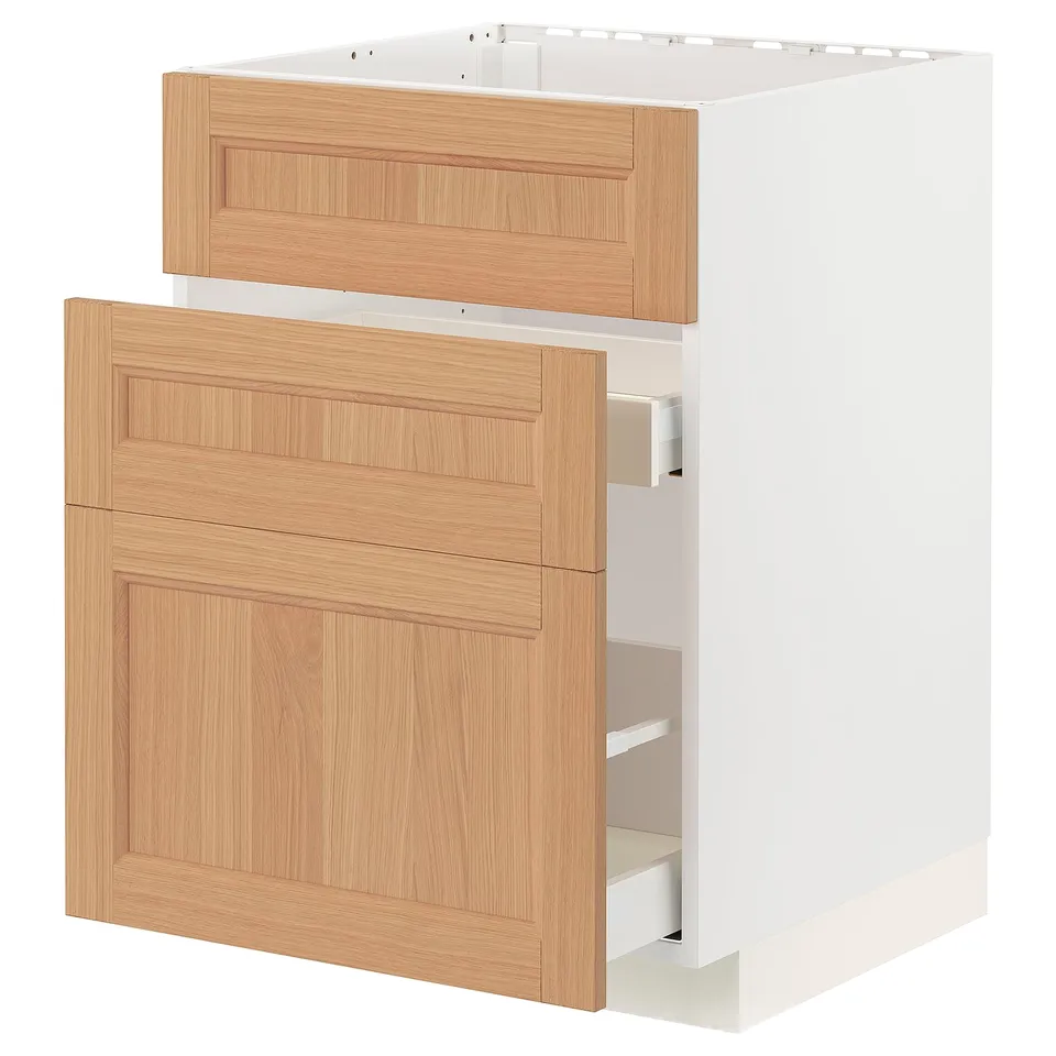 METOD kitchen unit with oak drawers. White, four-legged, light oak finish, two soft-close drawers.
