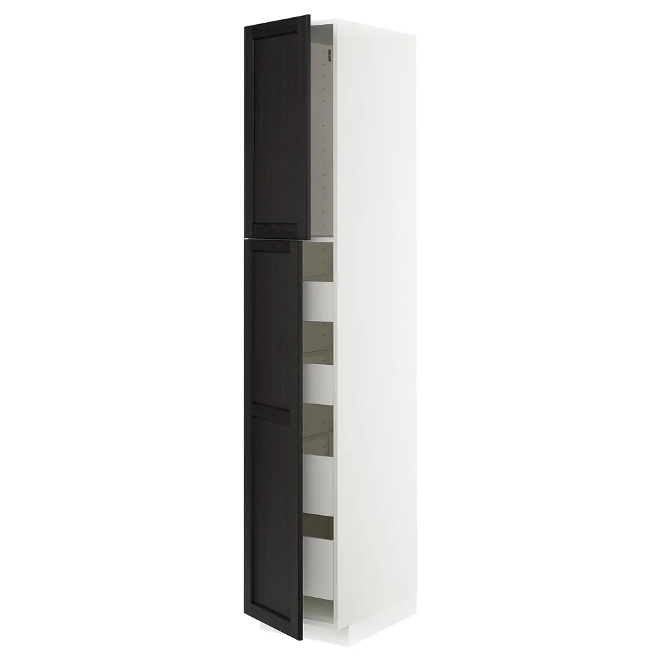 METOD tall white cabinet with open black stained section on right, showing shelves.