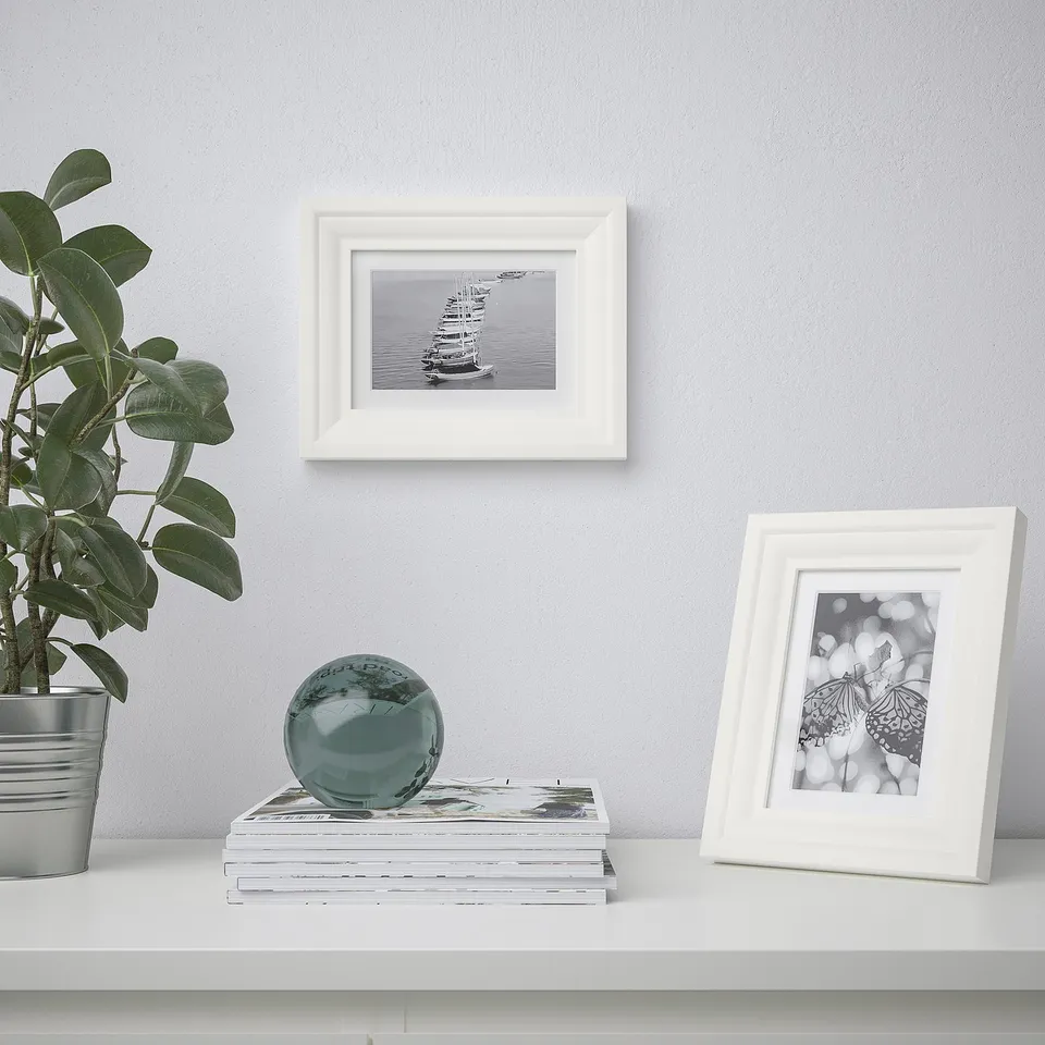 Wall & shelf with frames: boat, butterfly. Shelf has plant, books, sphere.