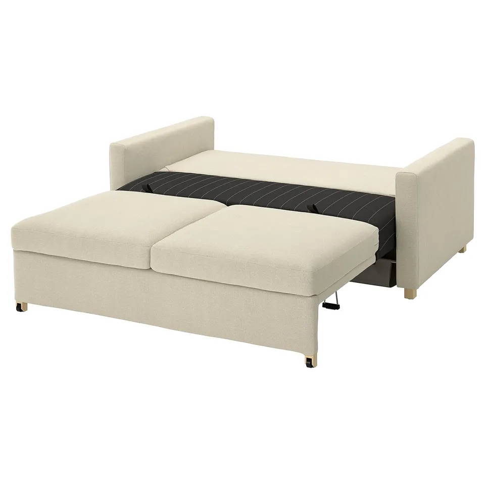 A beige SALTSJÖBADEN sleeper sofa with a contemporary design, featuring a cushioned back and seat, supported by light-colored legs.