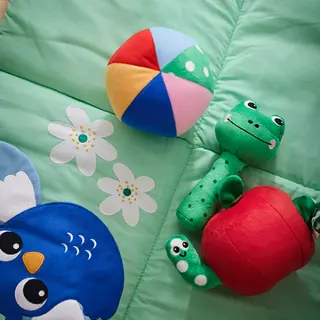 SANDBI set: play mat + musical toy + rattle + soft toy, Scandinavian nature/multicolour + apple and worm red/green + frog/green + ball/multicolour, 100x100 cm