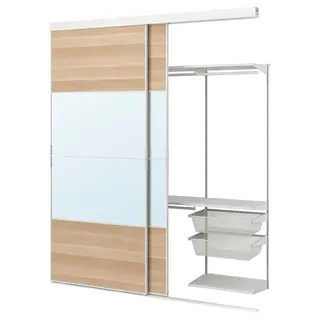 SKYTTA / BOAXEL reach-in wardrobe with sliding door, white Mehamn/Auli/white stained oak effect mirror glass, 202x60x240 cm