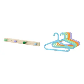 BAGIS/FLISAT set: knob rack with 4 knobs + children's coat-hanger, mixed colours, Width 47 x Height 4.5 cm