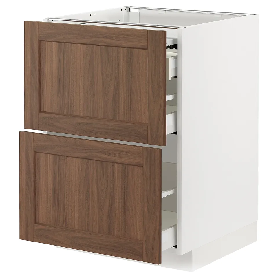 Walnut-colored METOD kitchen cabinet with two drawers.