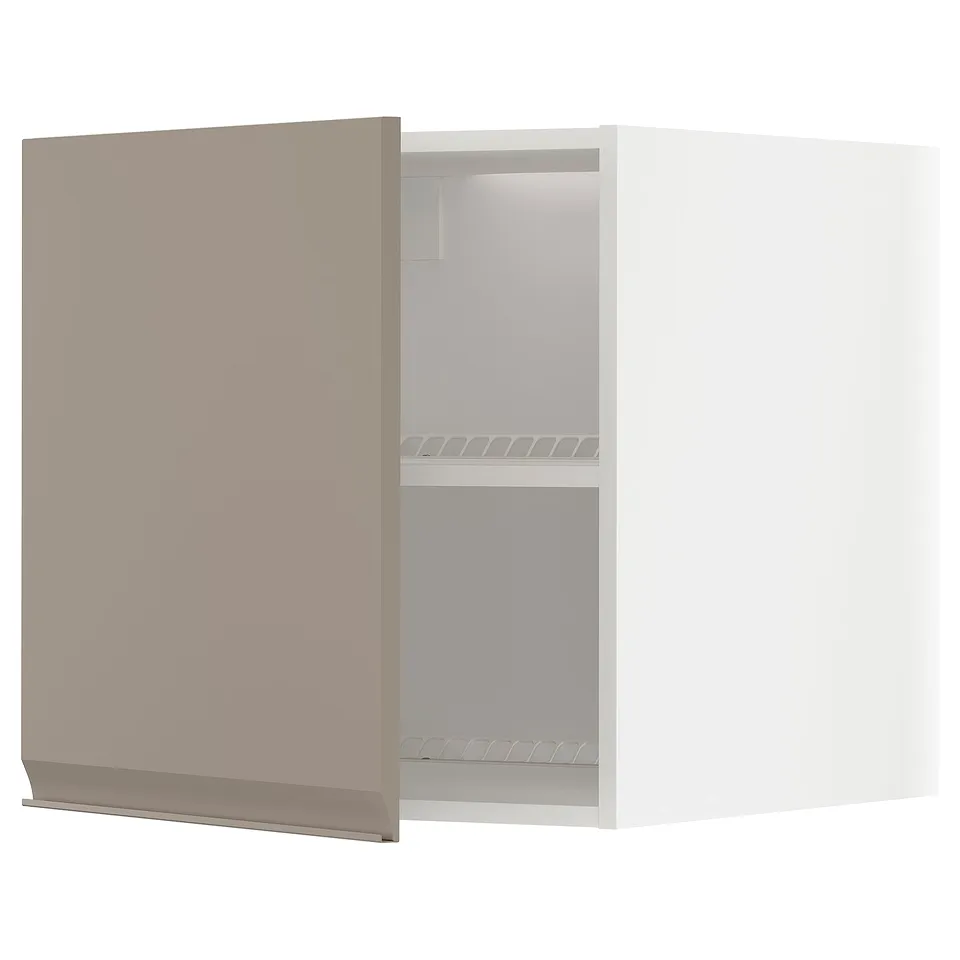 An open beige-white METOD kitchen cabinet, featuring a minimalist design with adjustable shelves.