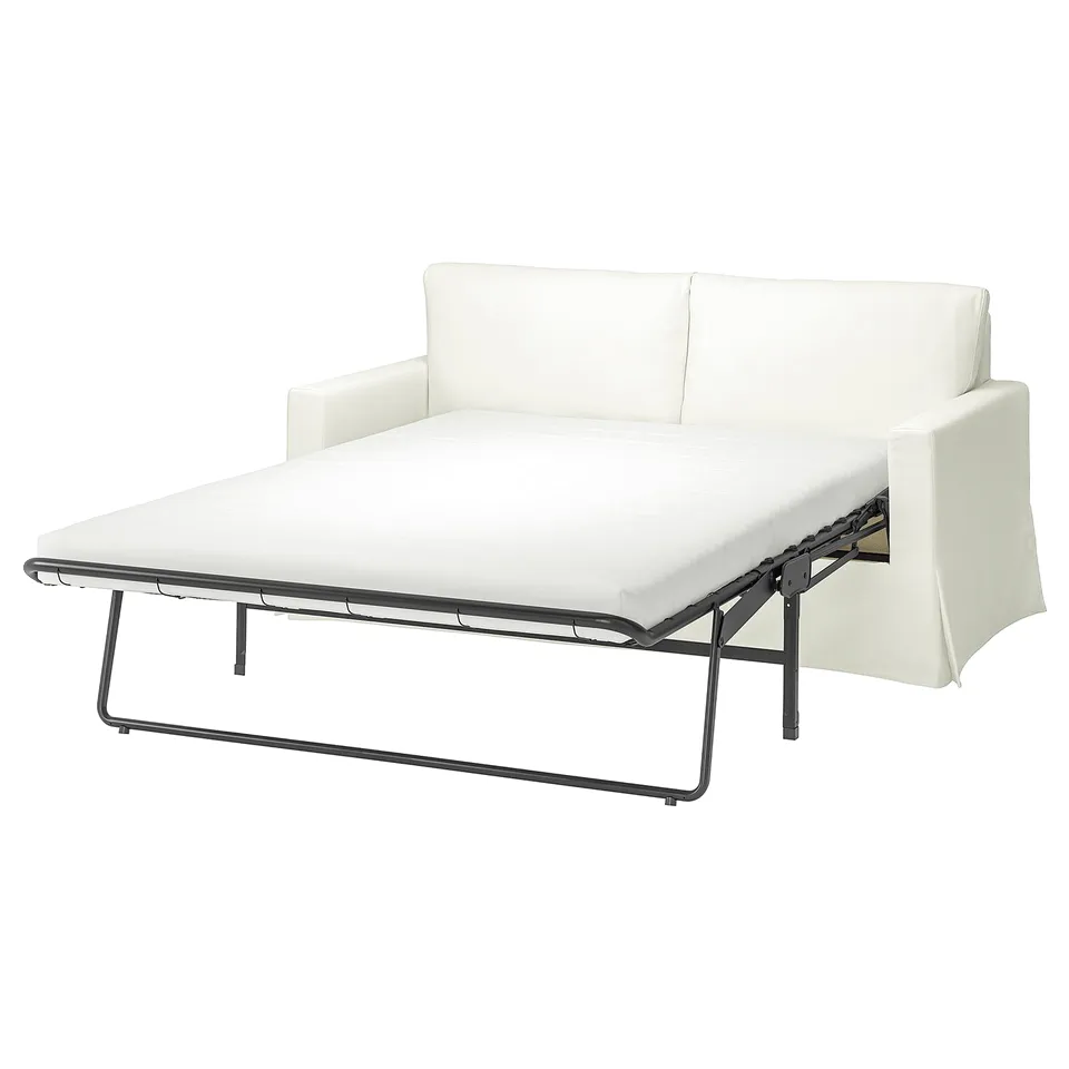 HYLTARP white sleeper sofa with metal frame, semi-soft cotton-polyester cover.
