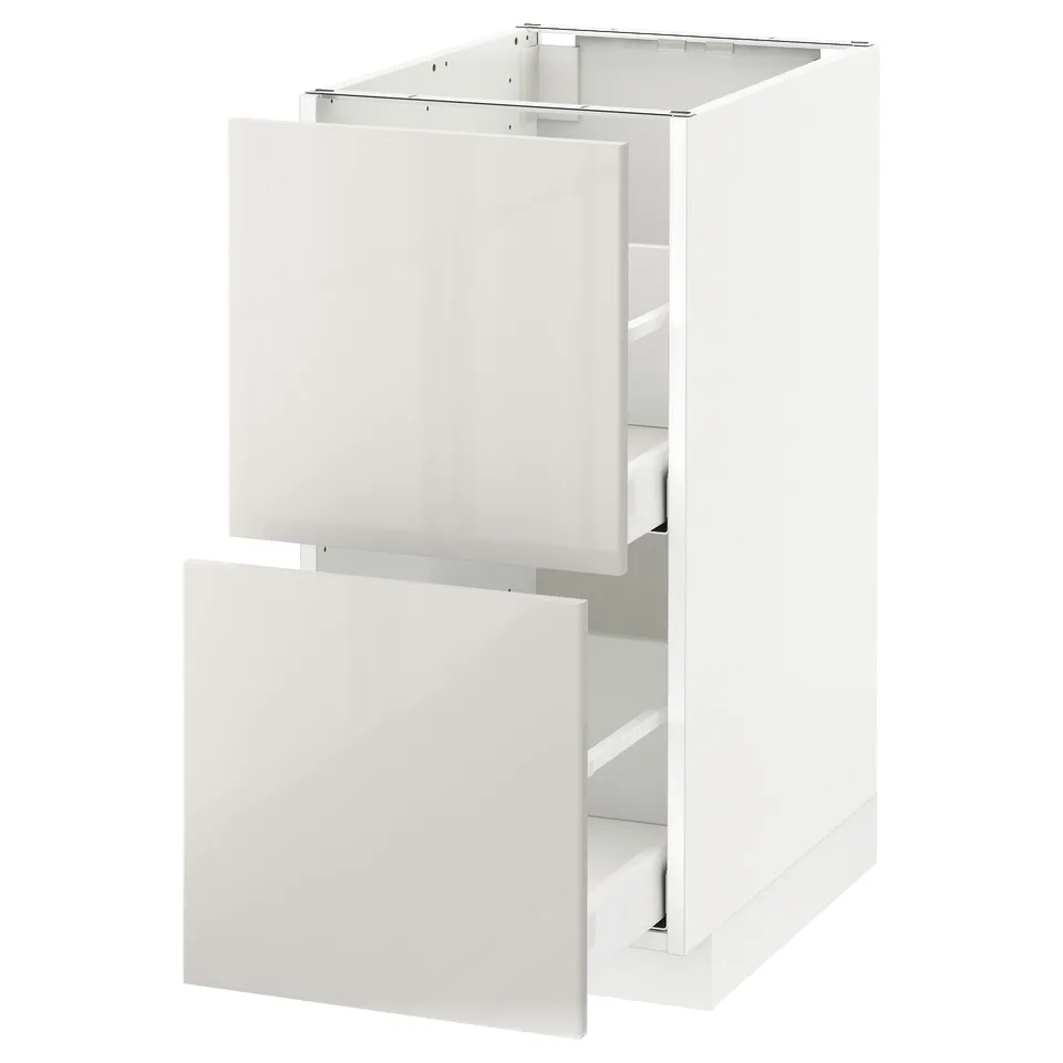 White high gloss modern kitchen cabinet with two drawers.