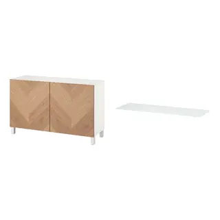 BESTÅ set: storage combination with doors + top panel, white/Hedeviken/Stubbarp oak veneer + glass white/light green, 120x42x74 cm