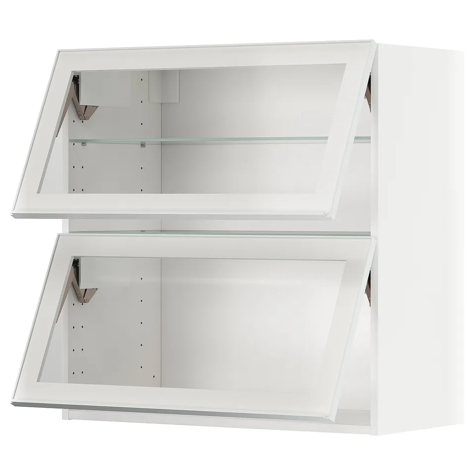 A white METOD kitchen wall cabinet with glass shelves and doors. Its modern and minimalist, with sleek lines and a metal frame.