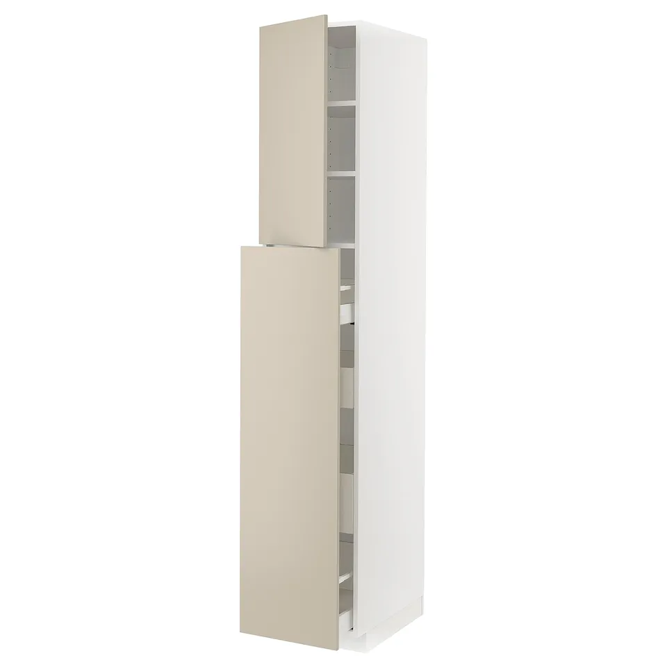 A METOD kitchen cabinet with beige havstorp doors. Its a tall, rectangular unit with two open compartments and smooth, clean lines.