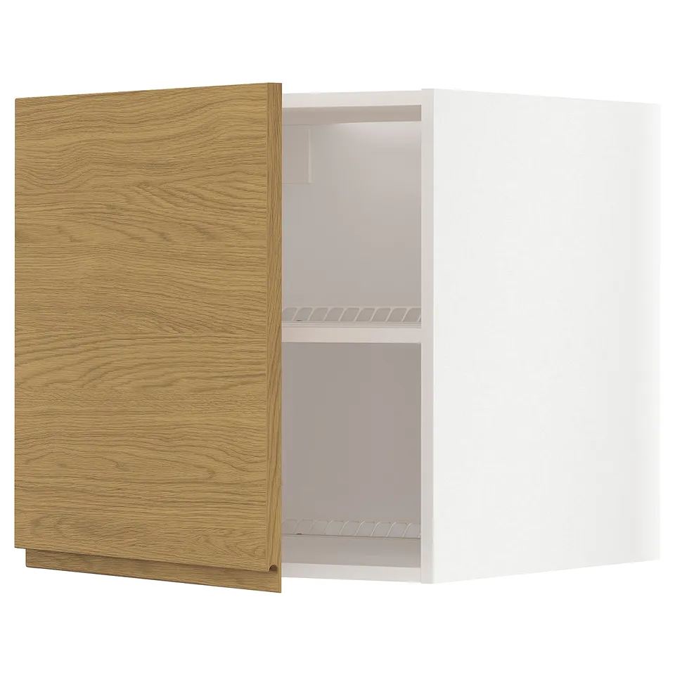 An open, modern wooden cabinet with one shelf, featuring a light oak finish and minimalist design.