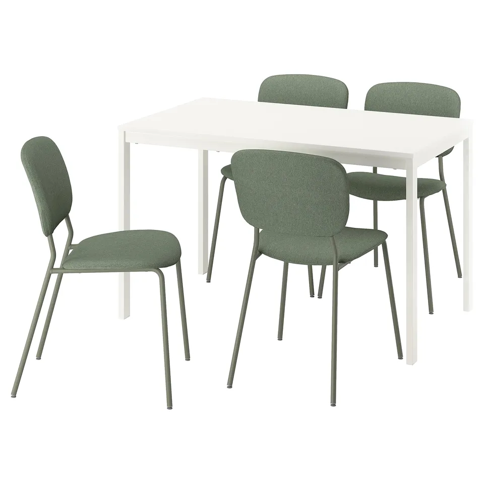 Modern white square dining table with four grey-green cushioned chairs. Sleek, minimalist design, metal legs.