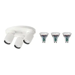NYMÅNE/SOLHETTA set: ceiling spotlight with 3 spots + LED bulb GU10 230 lumen, white