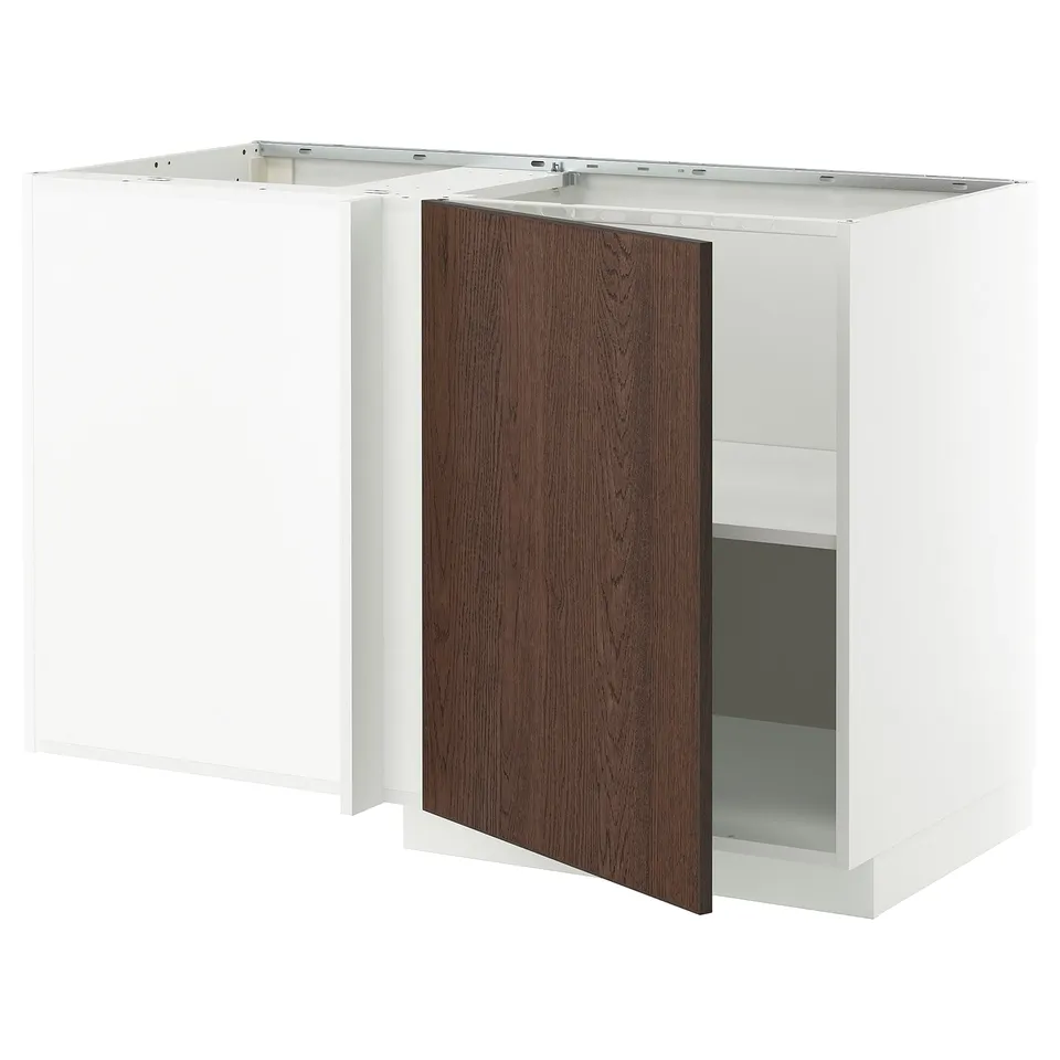 Modern METOD kitchen cabinets: white & brown, wooden trim, particleboard, adjustable shelves.