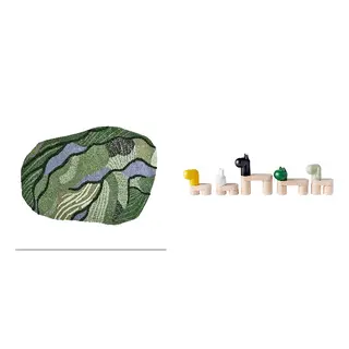 GREJSIMOJS set: rug, high pile + 20-piece toy building blocks, green + mix and match/5 figurines, 153x215 cm
