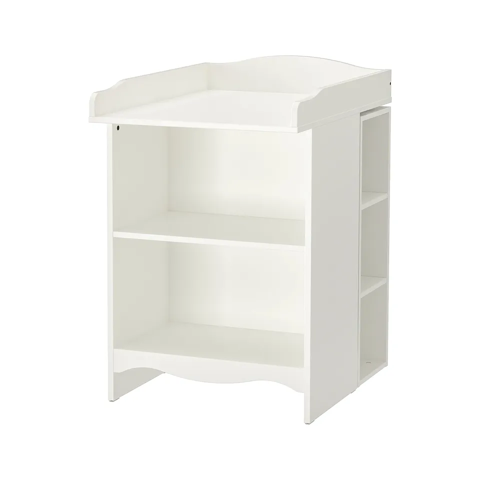 Ikea white SMÅGÖRA changing table, 3 shelves, minimalist design.
