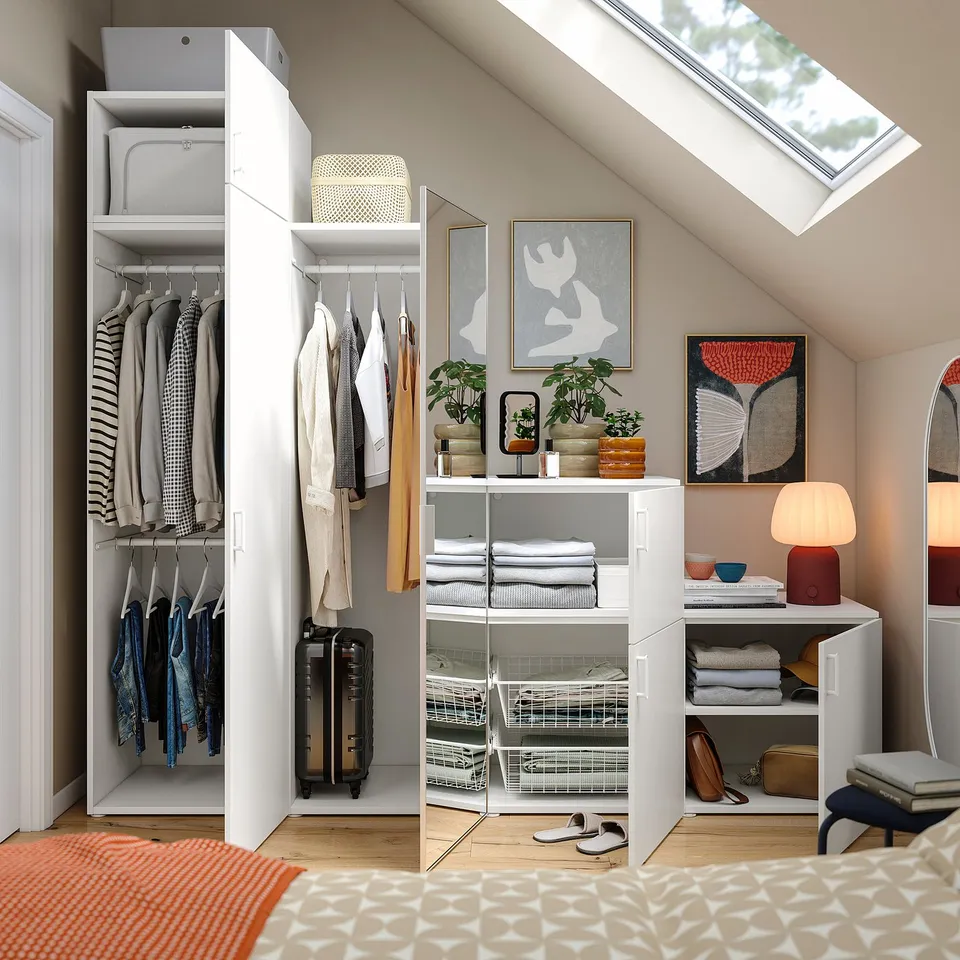 PLATSA Wardrobe w 6 doors, white STRAUMEN mirror glass/FONNES white, 240x57x221 cm