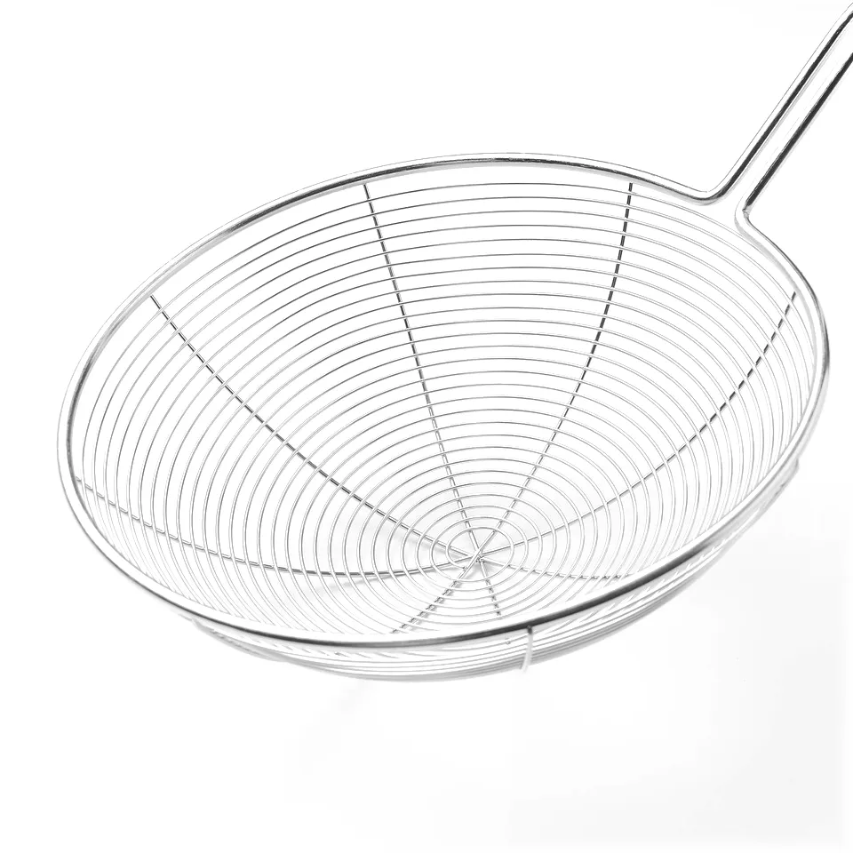 Wire skimmer with long handle, stainless steel, exibits durability and quality, perfect for kitchen use.