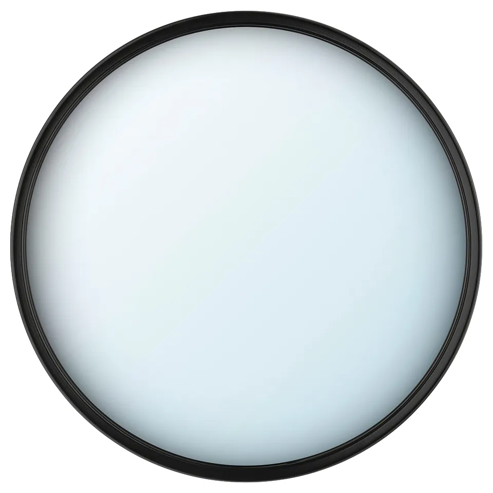 Round black-framed mirror with sleek design.