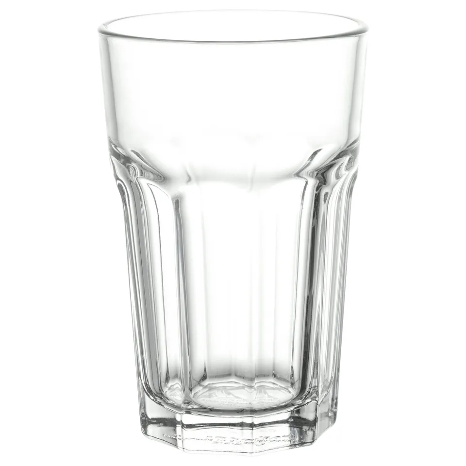 POKAL glass, clear, tall, hexagonal shape, tempered glass. Sturdy, classic design, dishwasher-safe.
