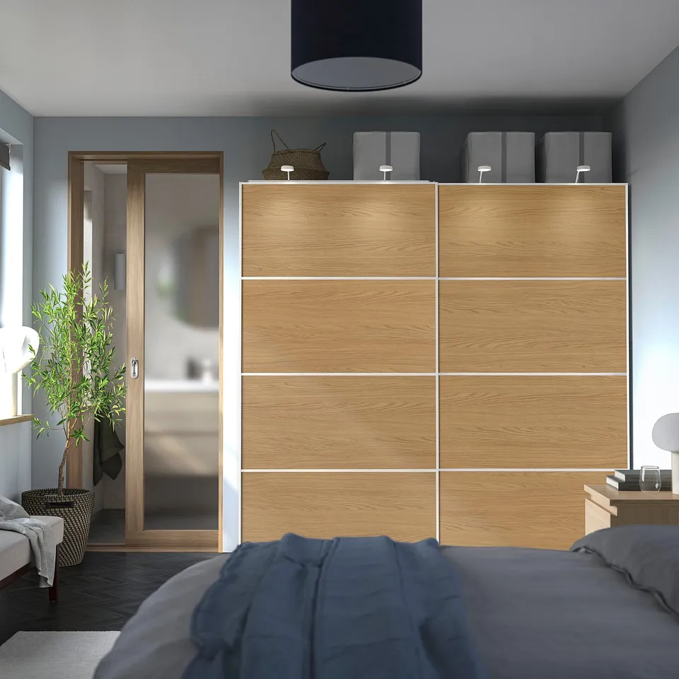 MEHAMN light oak wardrobe, tall & modern, with blue bed