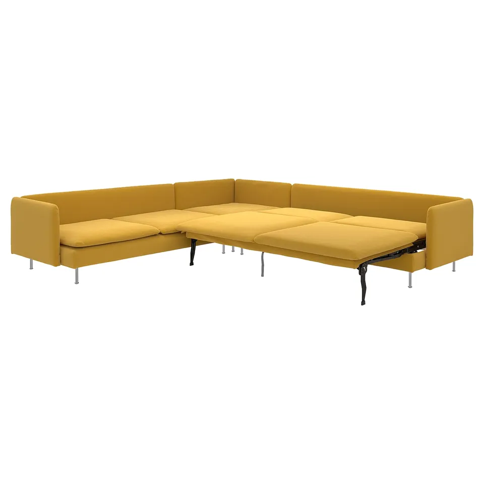 Bright yellow l-shaped sofa bed, modern design with slim lines and high legs.