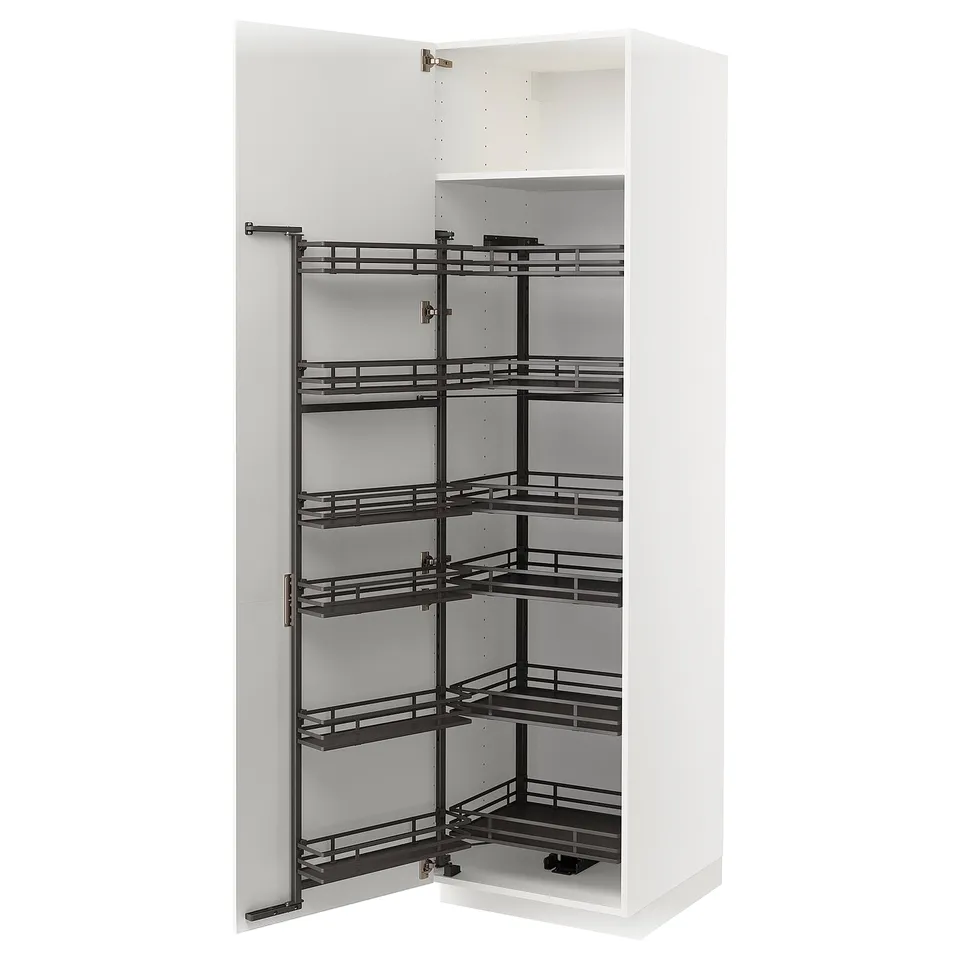 A white ikea METOD pull-out kitchen larder. It has multiple black metal shelves for storage, designed for a clean, modern kitchen.