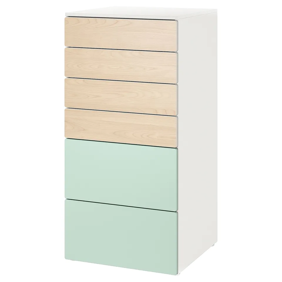 SMÅSTAD chest of drawers: six drawers, three wood, three light green, white frame. Adjustable legs. Modern, simple design.